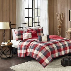 6 Piece Printed Herringbone Quilt Set with Throw Pillows Red King/Cal King
