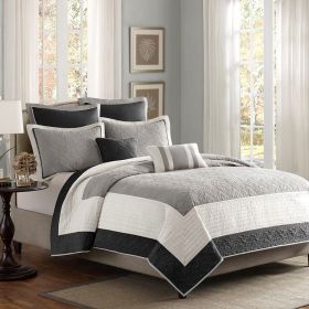 7 Piece Quilt Set with Euro Shams and Throw Pillows Black King/Cal King