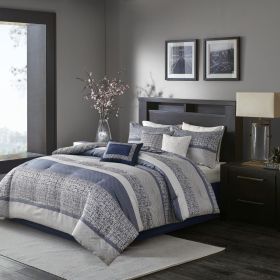 7 Piece Jacquard Comforter Set Navy Cal King