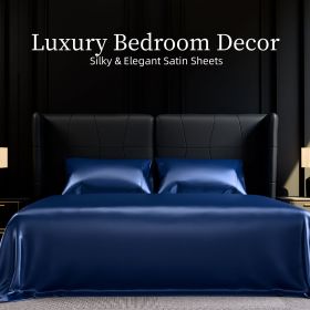 Satin Bed Sheets, Queen Size Sheets Set, 4 Pcs Silky Bedding Set with 15 Inches Deep Pocket for Mattress (Queen, Navy Blue)