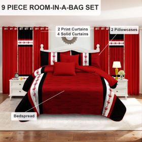 9 Piece Soft All-Season Washed Microfiber Cover Set , Queen/King/Calking Bedding Set With Pillowcases,Bedspread Print Curtains & Solid Curtains,P (Color: red and white Boho, size: Queen)